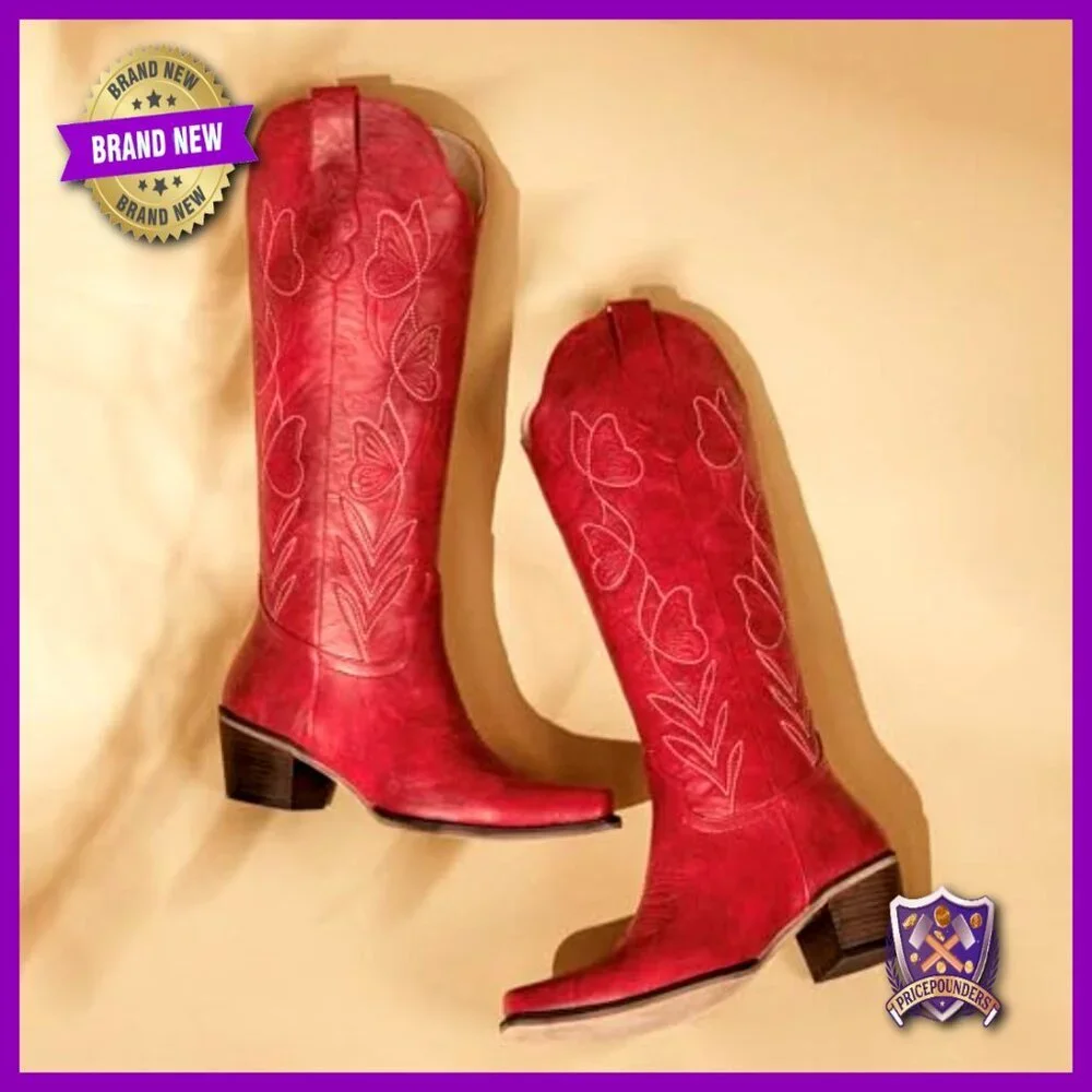 Knee High Cowgirl Boots Butterfly Embroidered Chunky Heel Zipper Vintage Western